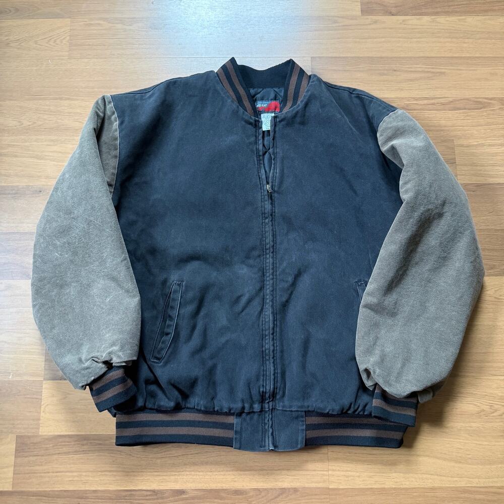 Men's Vintage Red Kap Brown Black Canvas Zip Up Quilt Lined Bomber Jacket Sz 2XL